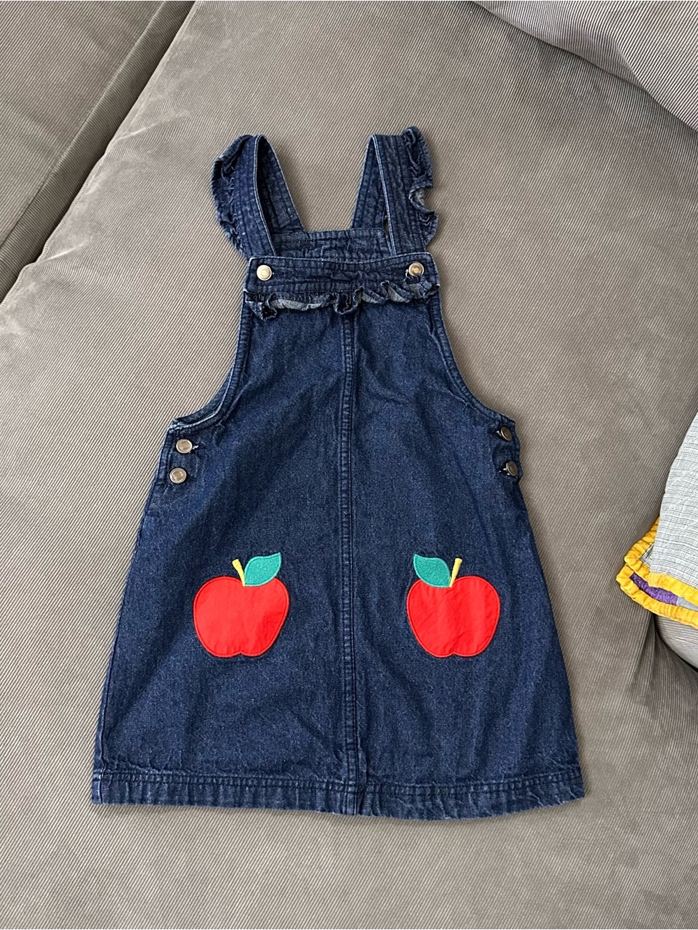 Cynthia Rowley Girl 7 Blue Denim Overall Dress Side Buttons Ruffled Bib Applique
